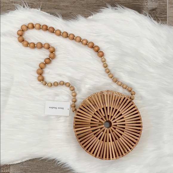 Beaded wood canteen shoulder bag
